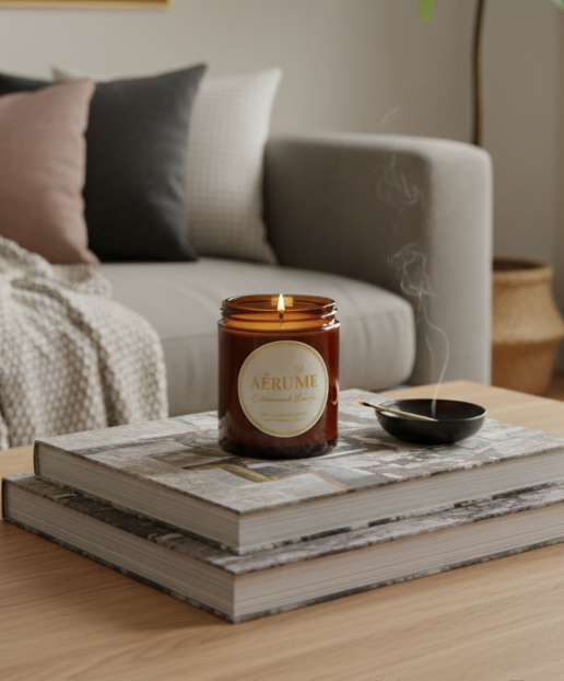 Candle labeled 'Aérumé' on a stack of books with a couch and decorative items in the background